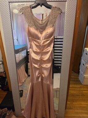 Xscape Rose Gold Satin Beaded Neckline Maxi Dress